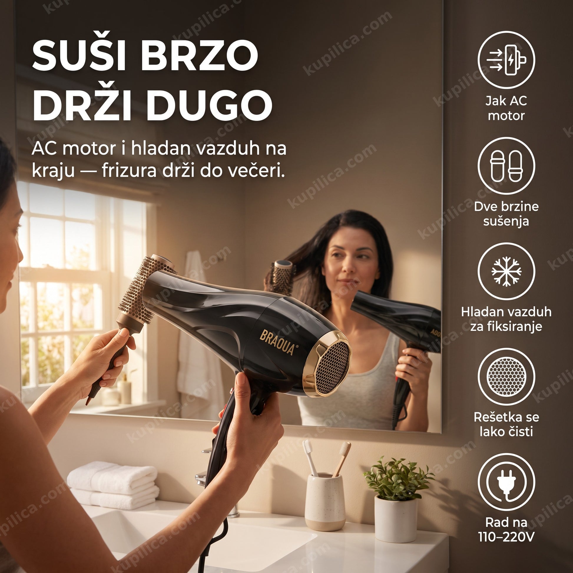 fen za kosu braoua br-8853 — žena suši kosu fenom sa dve brzine i hladnim vazduhom, jak ac motor, dve brzine sušenja, hladan vazduh za fiksiranje