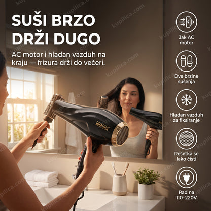 fen za kosu braoua br-8853 — žena suši kosu fenom sa dve brzine i hladnim vazduhom, jak ac motor, dve brzine sušenja, hladan vazduh za fiksiranje