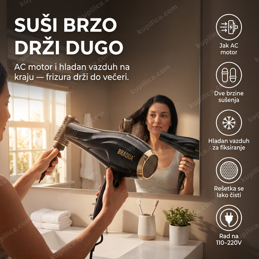 fen za kosu braoua br-8853 — žena suši kosu fenom sa dve brzine i hladnim vazduhom, jak ac motor, dve brzine sušenja, hladan vazduh za fiksiranje
