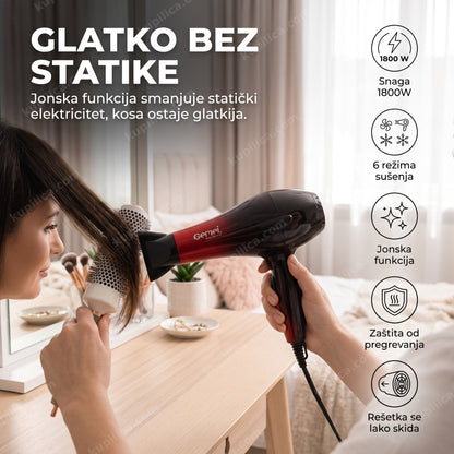 fen za kosu gemei gm-1719 — žena suši kosu fenom sa jonskom funkcijom ispred ogledala, snaga 1800w, jonska funkcija, zaštita od pregrevanja