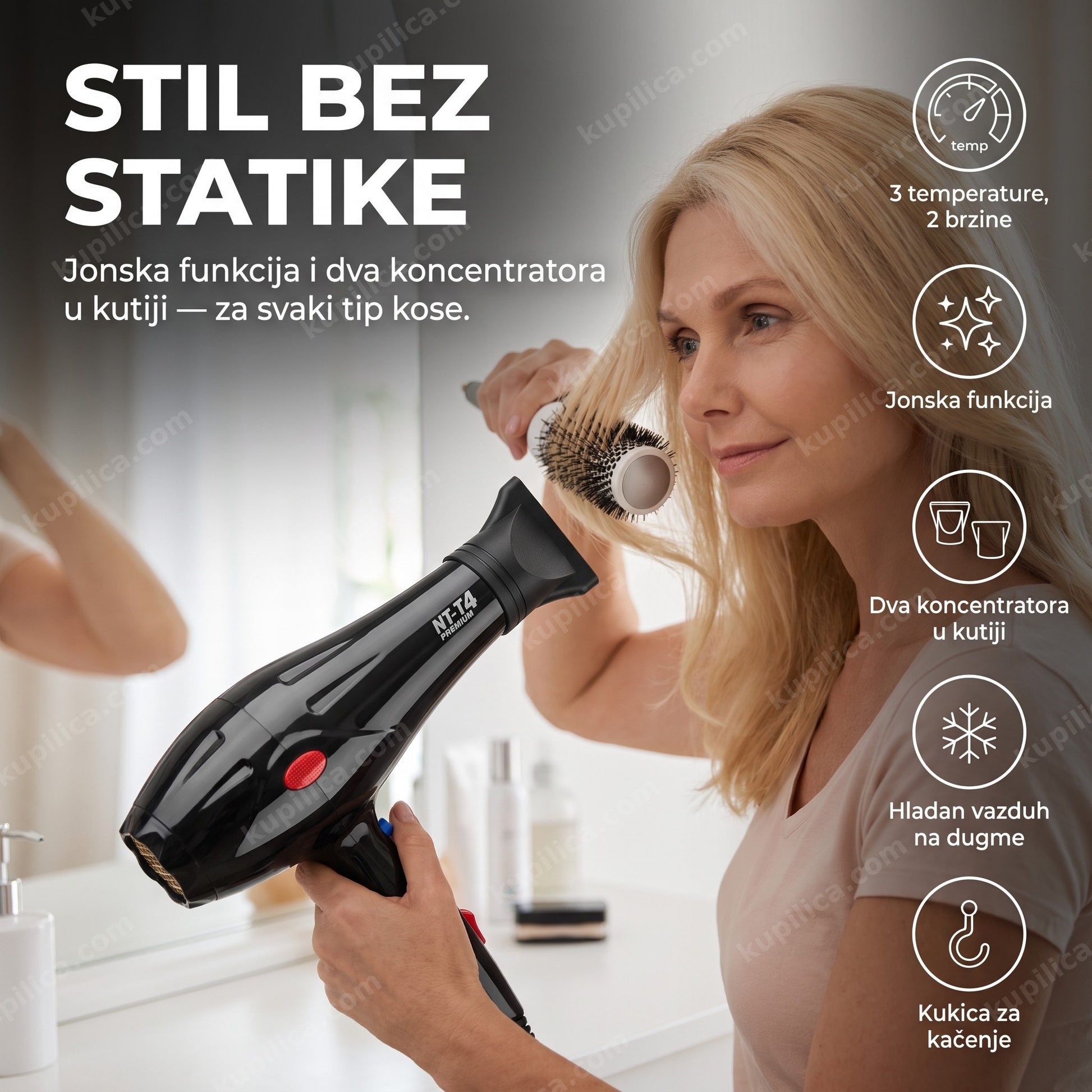 fen za kosu nova v&g nv-9105 — žena stilizuje kosu fenom ispred ogledala uz koncentrator, 3 temperature, 2 brzine, jonska funkcija, dva koncentratora u kutiji