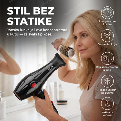 fen za kosu nova v&g nv-9105 — žena stilizuje kosu fenom ispred ogledala uz koncentrator, 3 temperature, 2 brzine, jonska funkcija, dva koncentratora u kutiji