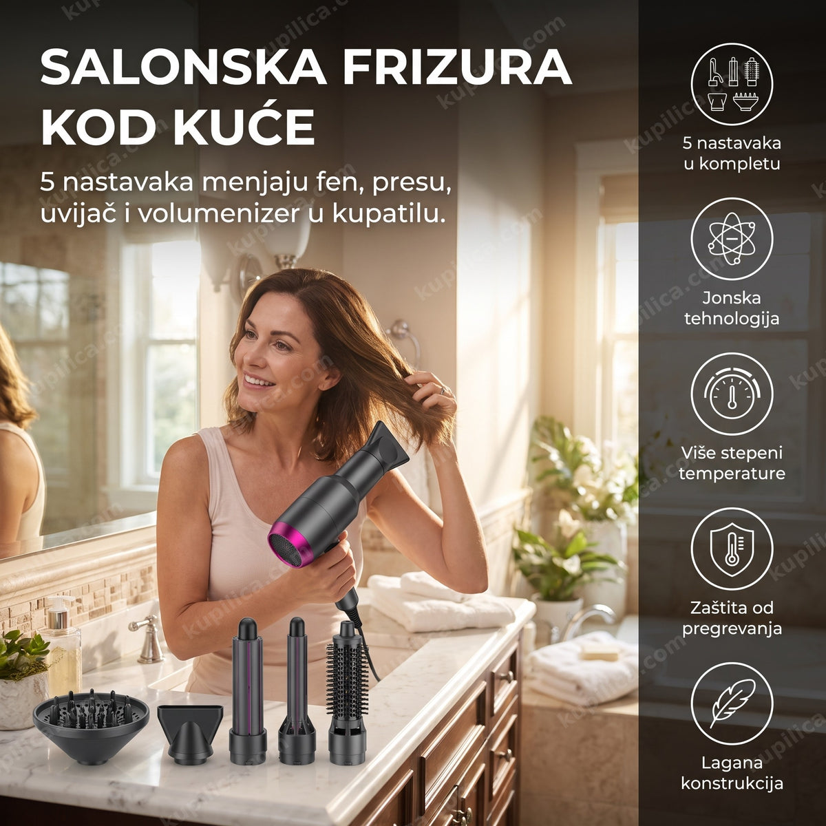 Odrasla žena suši kosu profesionalnim fenom sa nastavcima za kosu, benefiti proizvoda