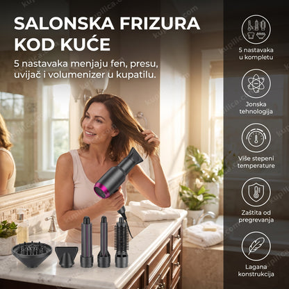 Odrasla žena suši kosu profesionalnim fenom sa nastavcima za kosu, benefiti proizvoda