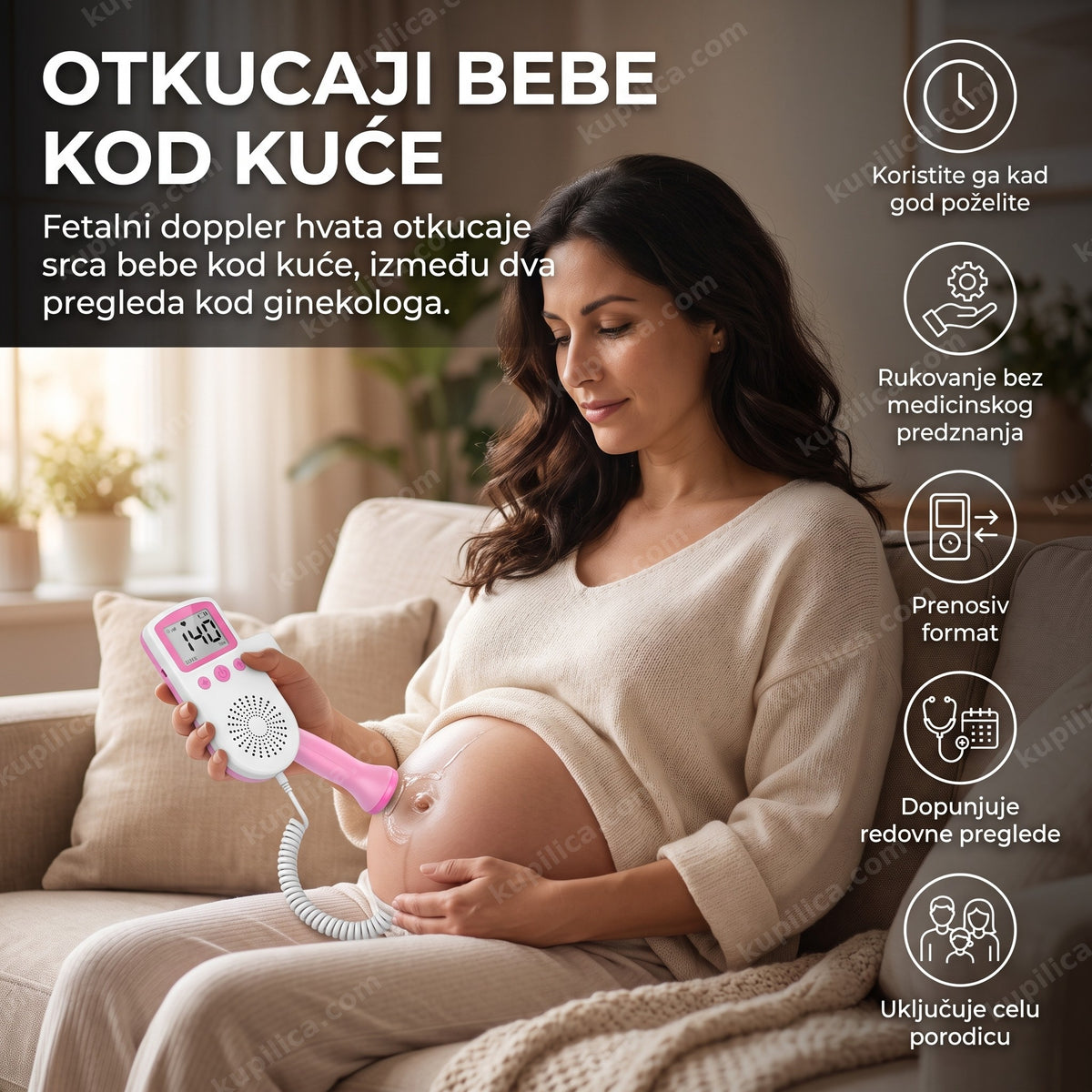 trudnica drži sondu fetalnog doplera na stomaku kod kuće, benefiti proizvoda