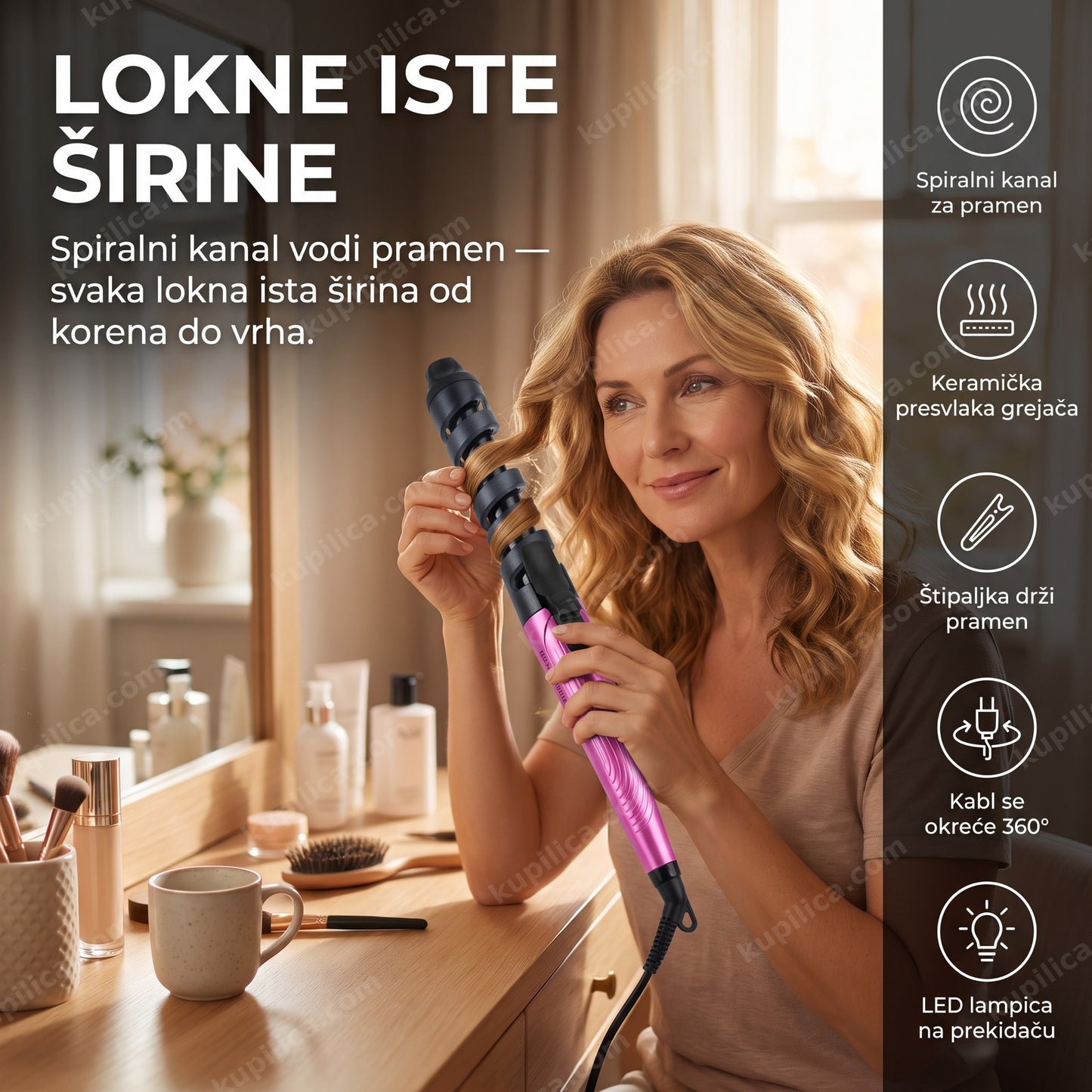 figaro za krupne lokne sonar sn-1011 — žena uvija kosu figarom sa spiralnim kanalom, spiralni kanal za pramen, keramička presvlaka grejača, štipaljka drži pramen