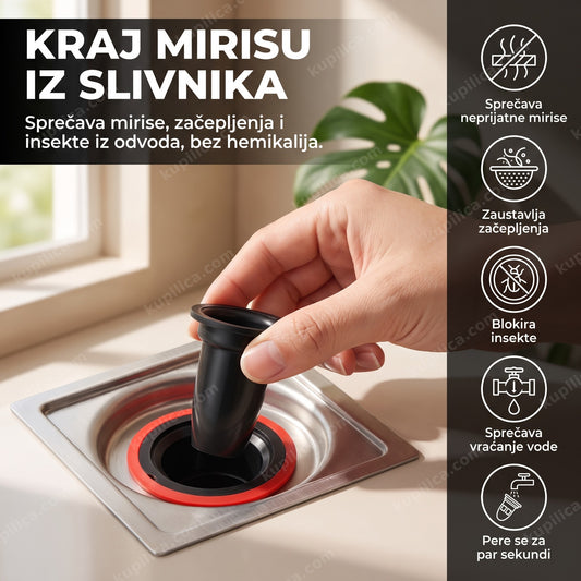 filter za slivnik postavljen u odvod kupatila, prikazani benefiti proizvoda