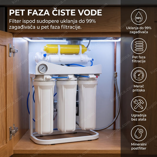 filter za vodu ispod sudopere sa pet faza filtracije u kuhinjskom ormariću