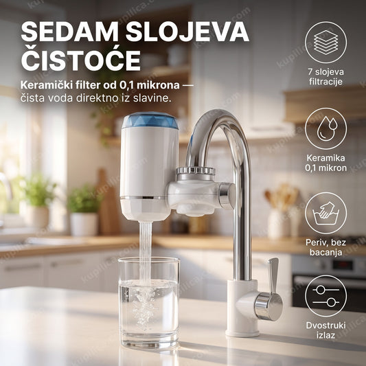 keramički filter za vodu na kuhinjskoj slavini, čista voda u čaši, benefiti proizvoda