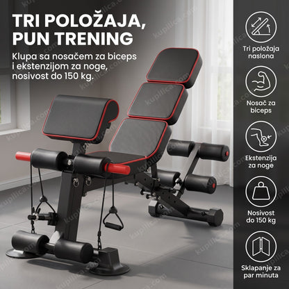 podesiva fitnes klupa sa nosačem za biceps i ekstenzijom za noge u teretani
