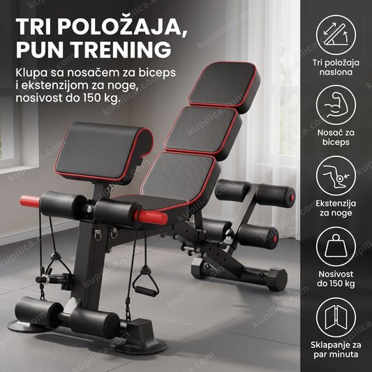 podesiva fitnes klupa sa nosačem za biceps i ekstenzijom za noge u teretani