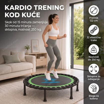 žena skače na fitnes trambolini u svetloj dnevnoj sobi, benefiti proizvoda
