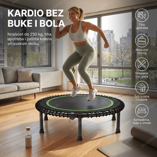 Odrasla žena vežba na tihoj fitnes trampolini u dnevnoj sobi, benefiti proizvoda