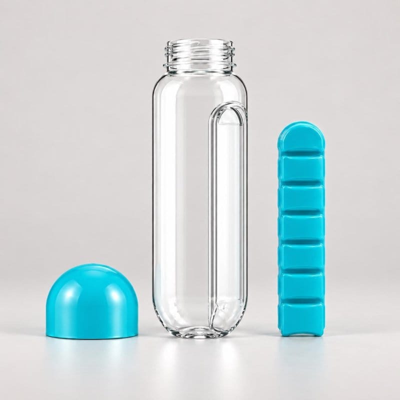 Flašica sa pričvršćenim organizatorom za lekove na radnom stolu