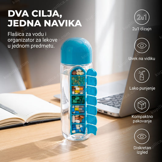 plava flašica za vodu sa otvorenim organizatorom za lekove i tabletama na stolu, benefiti proizvoda