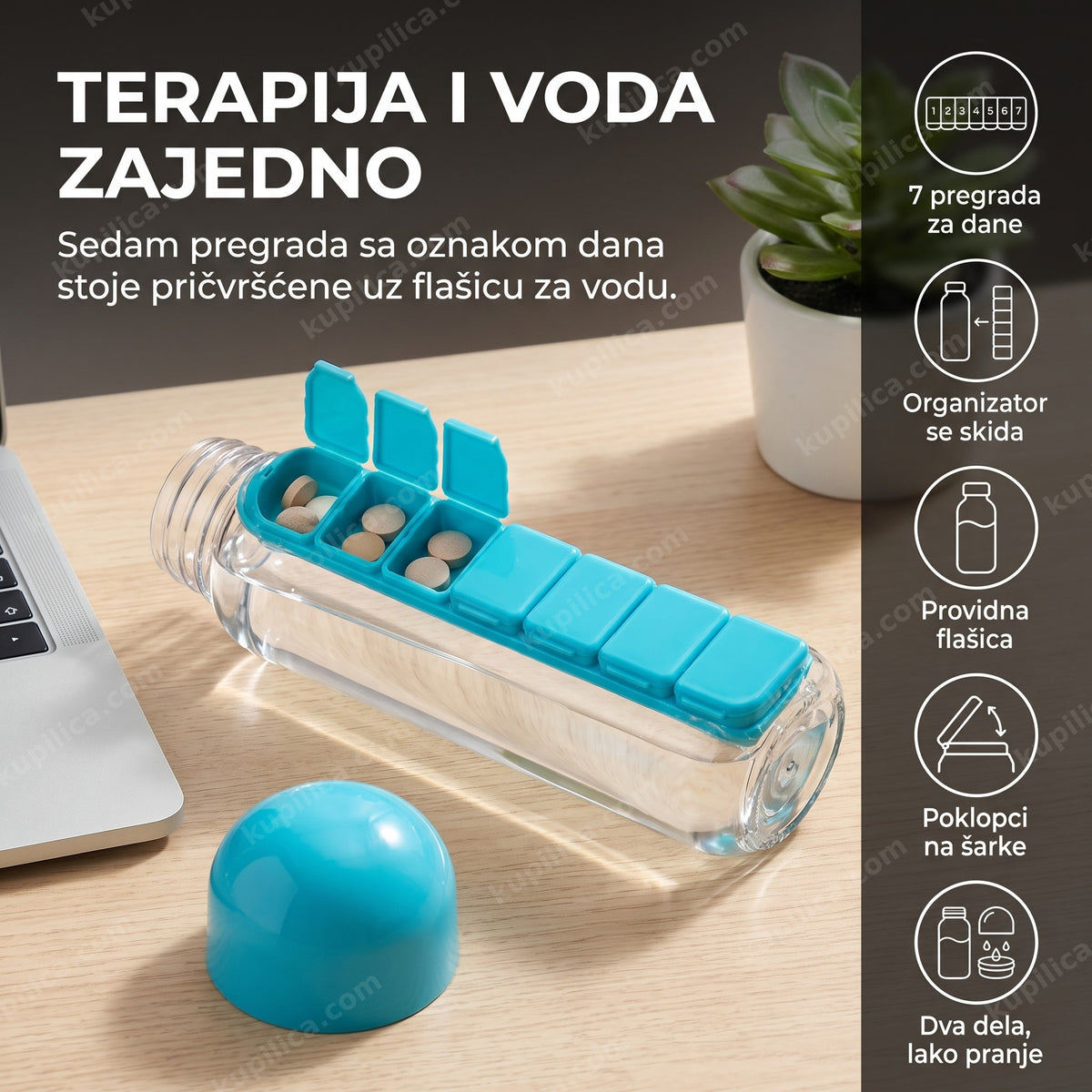 flašica za vodu sa organizatorom za lekove i sedam pregrada za svaki dan