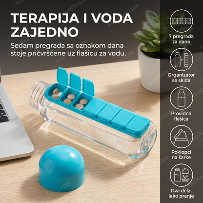 flašica za vodu sa organizatorom za lekove i sedam pregrada za svaki dan