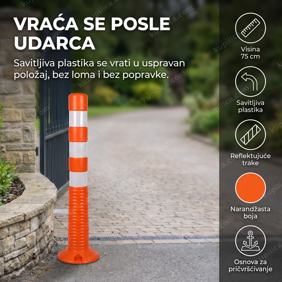 narandžasti fleksibilni stubić sa reflektujućim trakama na ulazu parkinga