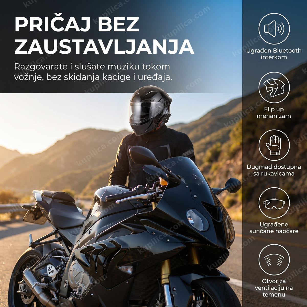 motociklista sa flip up kacigom i bluetooth interkomom pored motora, benefiti proizvoda