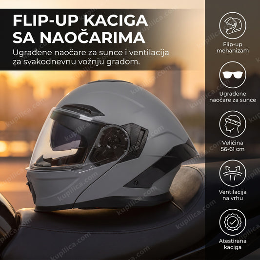 siva flip-up kaciga sa ugrađenim naočarima za sunce na motociklu
