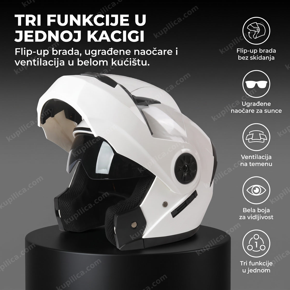 bela flip-up moto kaciga sa ugrađenim naočarima i otvorenom bradom