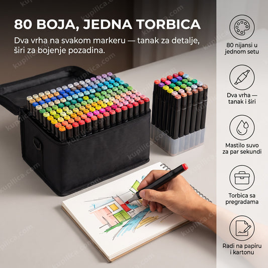 set dvostranih flomastera 80 boja za decu u torbici sa priborom za crtanje, benefiti proizvoda