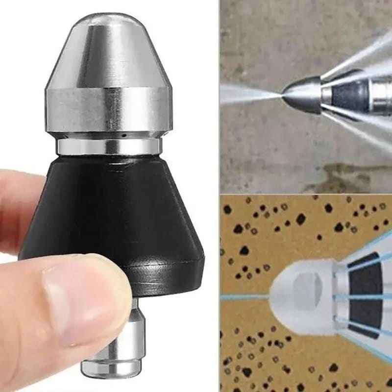 alat za čišćenje cevi flowfixer u ruci, prikaz mlaza pod uglom i probijanja začepljenja