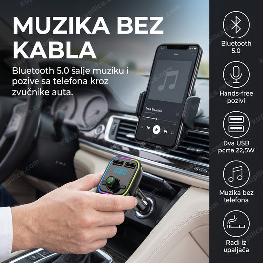 fm bluetooth transmiter g37 — vozač koristi bluetooth fm transmiter u autu, bluetooth 5.0, hands-free pozivi, dva usb porta 22,5w