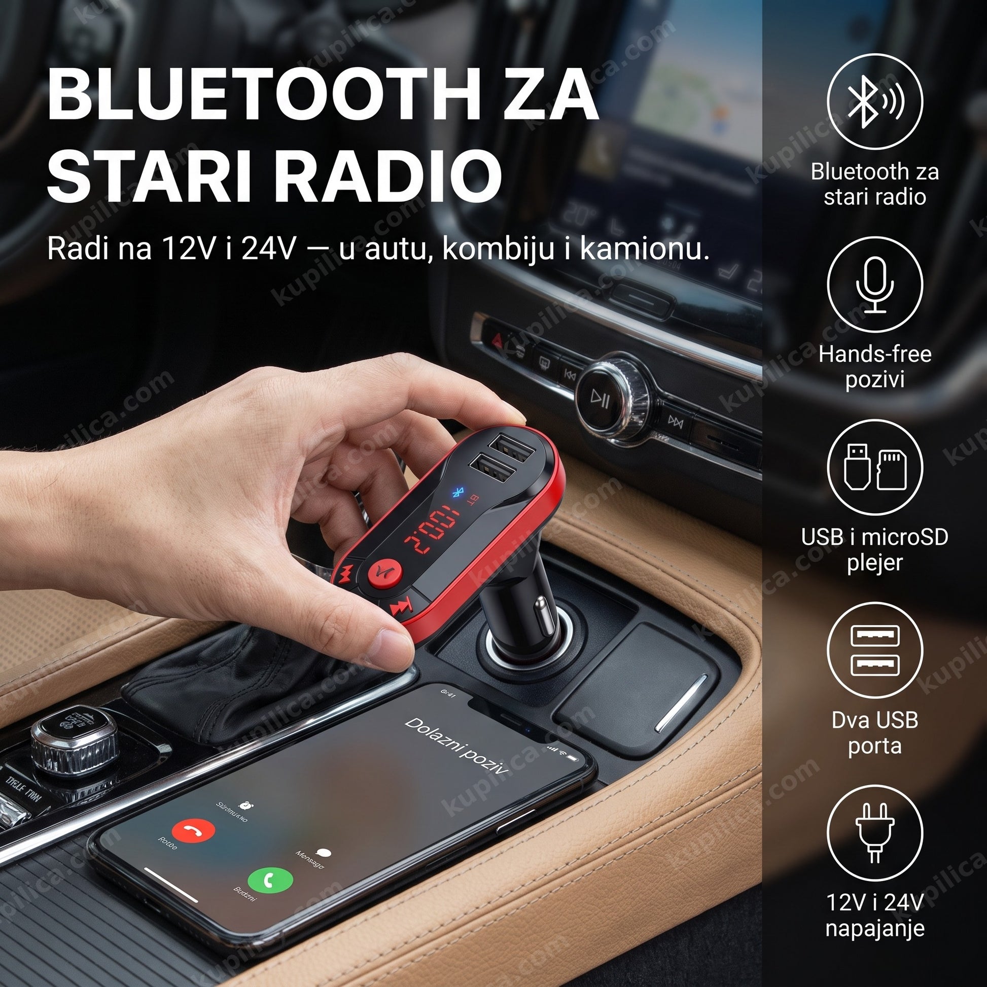 fm bluetooth transmiter kcb-909 — vozač koristi bluetooth fm transmiter u kombiju, bluetooth za stari radio, hands-free pozivi, 12v i 24v napajanje