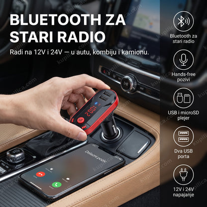 fm bluetooth transmiter kcb-909 — vozač koristi bluetooth fm transmiter u kombiju, bluetooth za stari radio, hands-free pozivi, 12v i 24v napajanje
