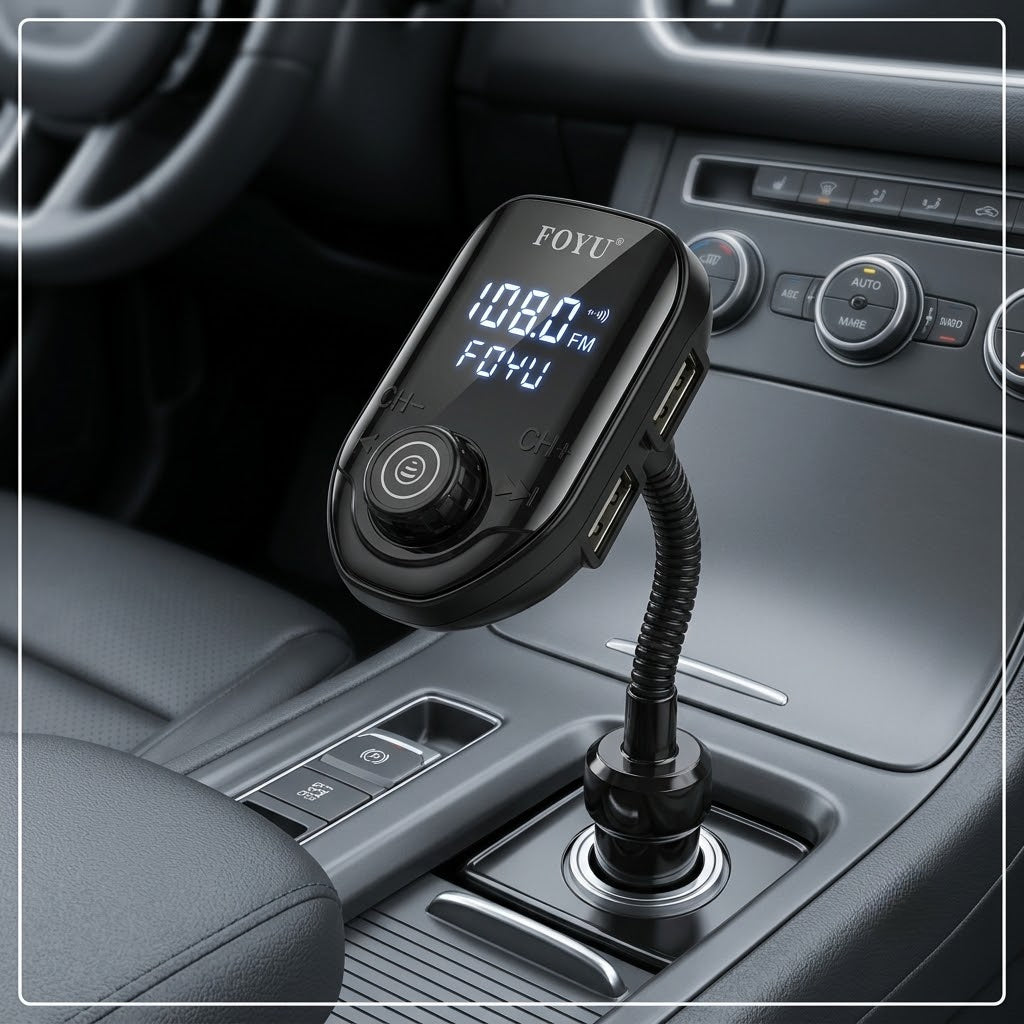 FM transmiter Foyu FO-Q523 — uređaj sa ekranom, fleksibilnim vratom i dva USB izlaza