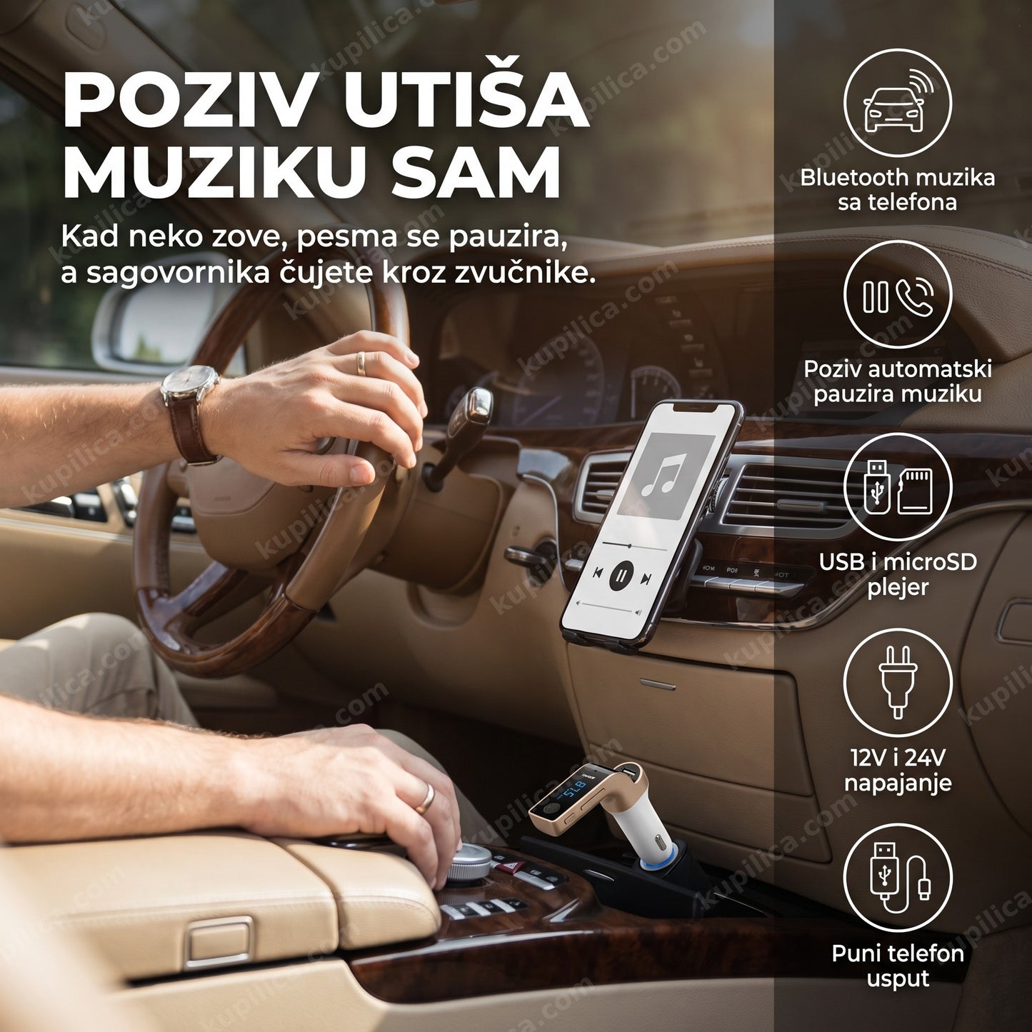 fm transmiter car g7 — vozač koristi fm transmiter u autu, bluetooth muzika sa telefona, poziv automatski pauzira muziku, usb i microsd plejer
