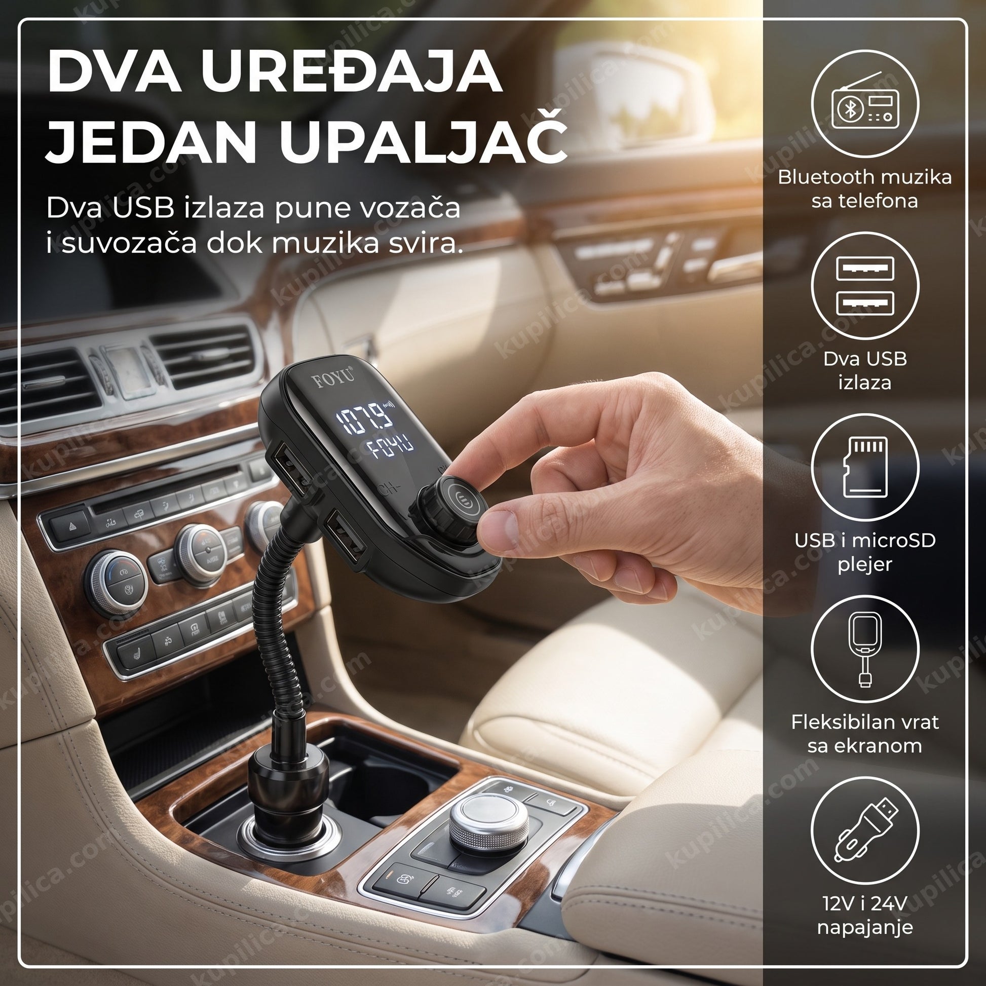 fm transmiter foyu fo-q523 — vozač koristi fm transmiter sa fleksibilnim vratom u autu, bluetooth muzika sa telefona, dva usb izlaza, usb i microsd plejer