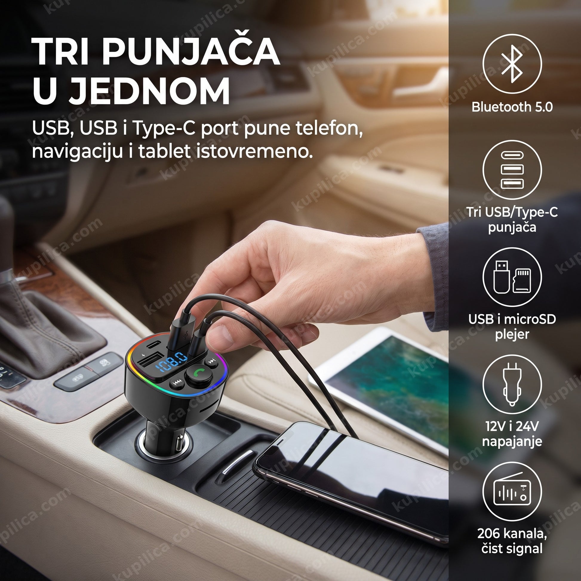 fm transmiter g67 bluetooth 5.0 — vozač koristi fm transmiter sa tri usb punjača u autu, bluetooth 5.0, tri usb/type-c punjača, usb i microsd plejer