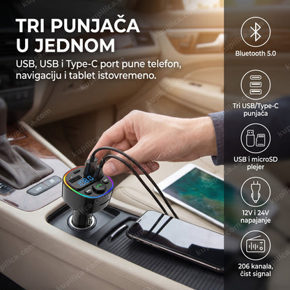 fm transmiter g67 bluetooth 5.0 — vozač koristi fm transmiter sa tri usb punjača u autu, bluetooth 5.0, tri usb/type-c punjača, usb i microsd plejer