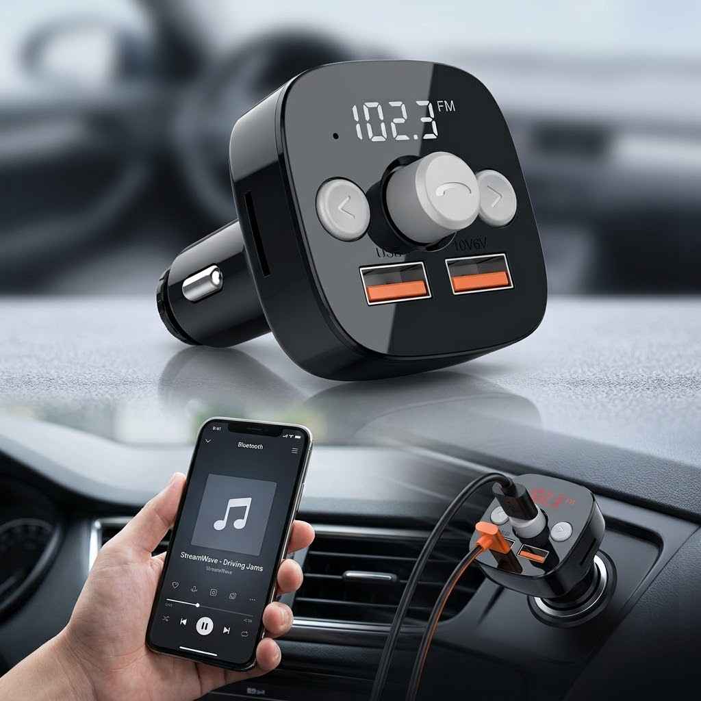 FM transmiter KCB-907 — uređaj u upaljaču automobila sa displejom 102.3 FM i telefonom povezanim preko Bluetooth-a