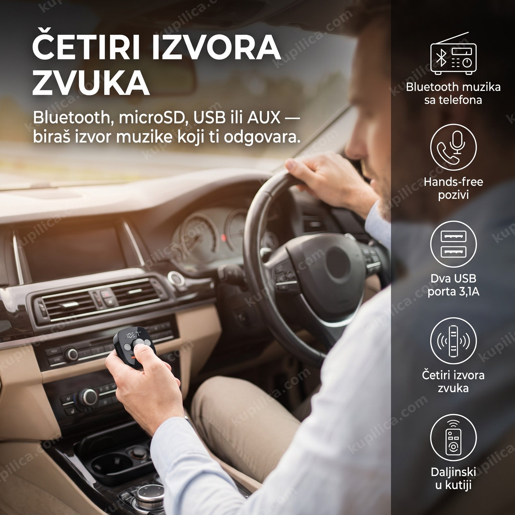 fm transmiter kcb-907 — vozač koristi fm transmiter sa daljinskim u autu, bluetooth muzika sa telefona, hands-free pozivi, četiri izvora zvuka