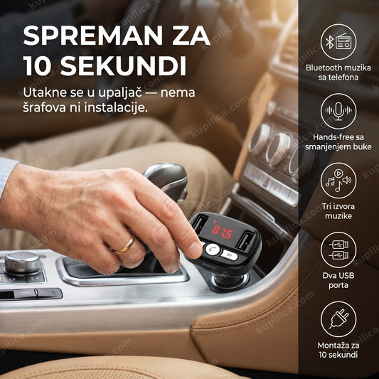 fm transmiter q514 — vozač postavlja fm transmiter u upaljač auta, bluetooth muzika sa telefona, hands-free sa smanjenjem buke, montaža za 10 sekundi
