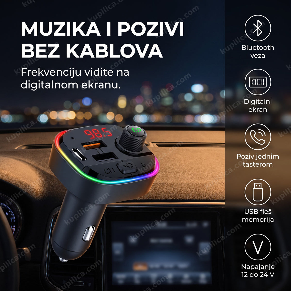 crni fm transmiter sa digitalnim ekranom i šarenim svetlom u upaljaču automobila