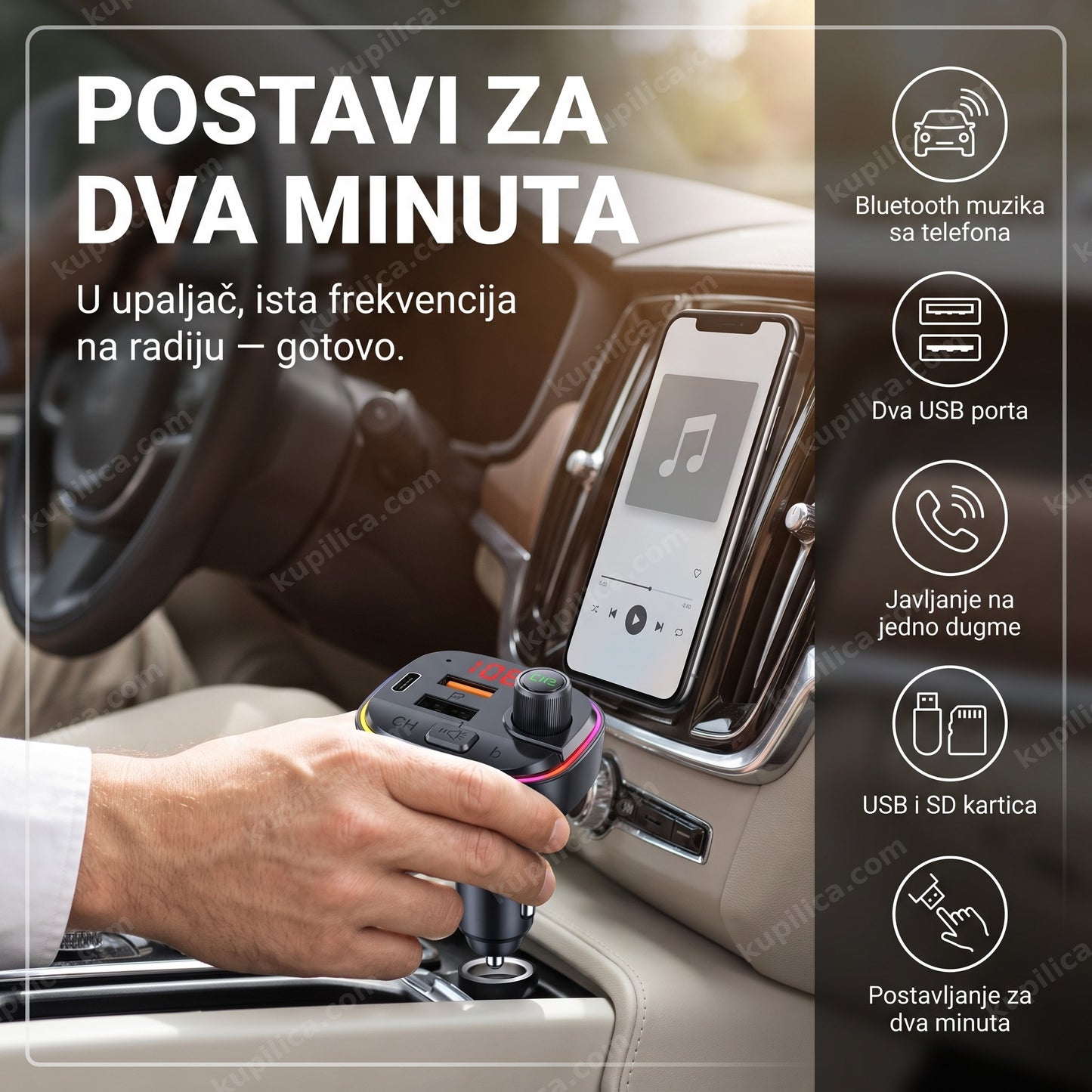 fm transmiter za auto c13 — vozač koristi fm transmiter u autu, bluetooth muzika sa telefona, javljanje na jedno dugme, dva usb porta
