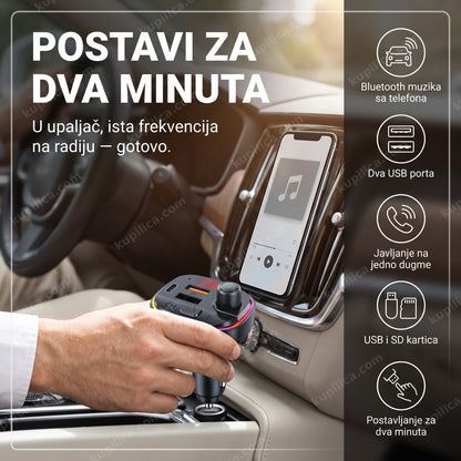 fm transmiter za auto c13 — vozač koristi fm transmiter u autu, bluetooth muzika sa telefona, javljanje na jedno dugme, dva usb porta