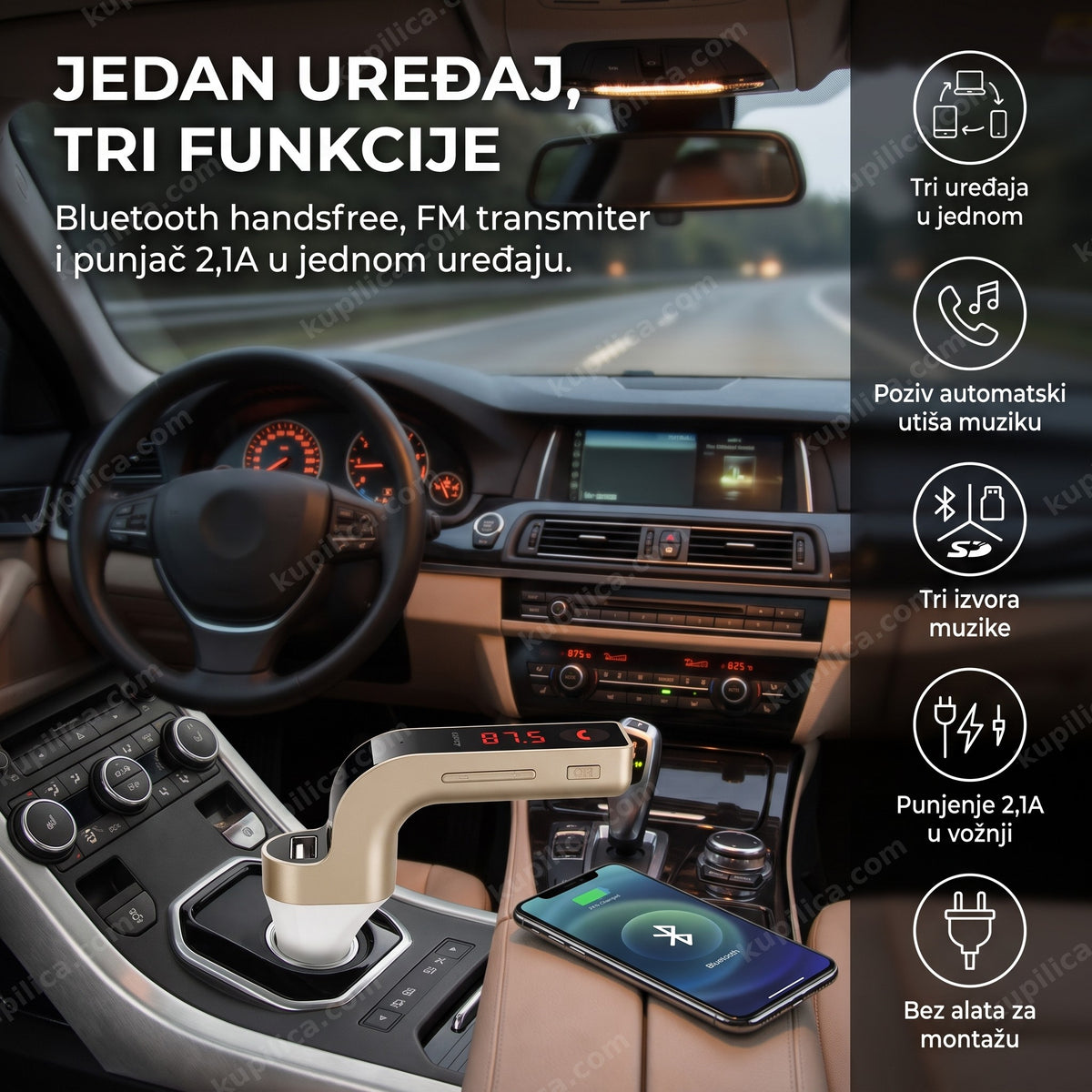 fm transmiter za auto priključen na upaljač u kolima sa prikazanim benefitima proizvoda