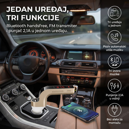 fm transmiter za auto priključen na upaljač u kolima sa prikazanim benefitima proizvoda