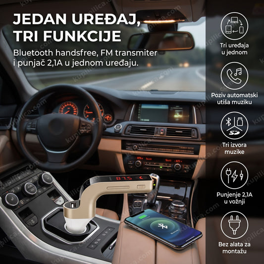fm transmiter za auto priključen na upaljač u kolima sa prikazanim benefitima proizvoda