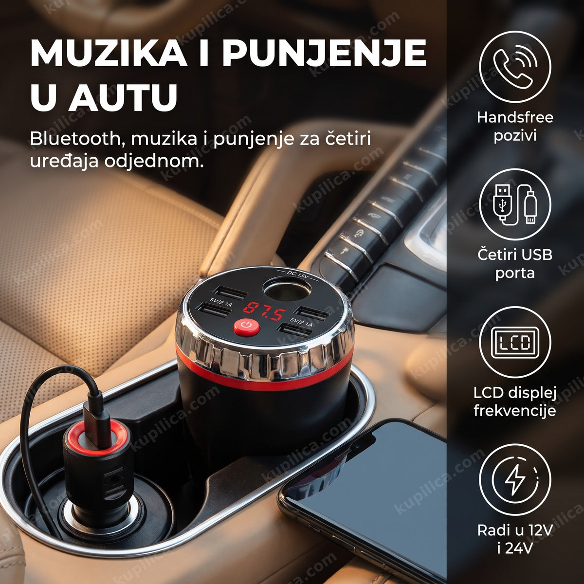 fm transmiter za auto u upaljaču sa crvenim LCD displejom, benefiti proizvoda