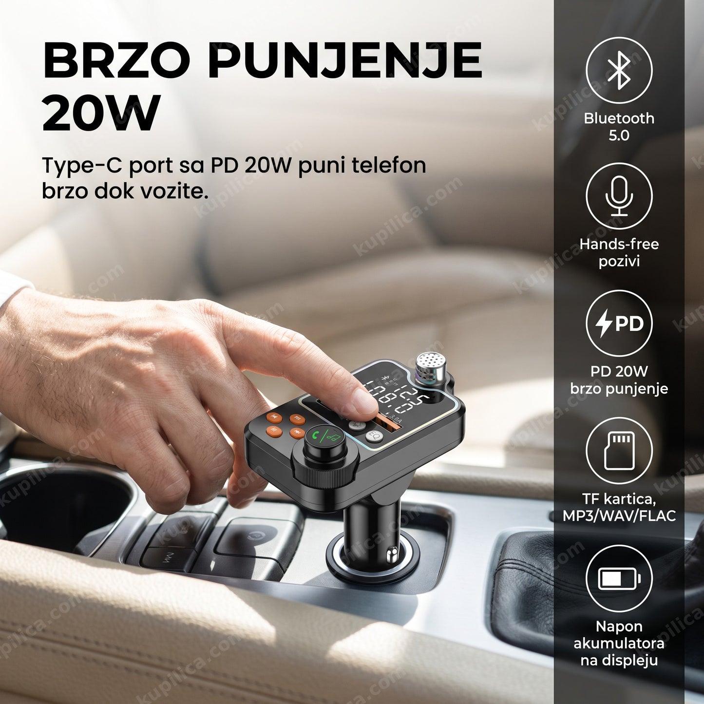 fm transmiter za auto q15 — vozač koristi fm transmiter sa pd 20w punjačem u autu, bluetooth 5.0, pd 20w brzo punjenje, hands-free pozivi