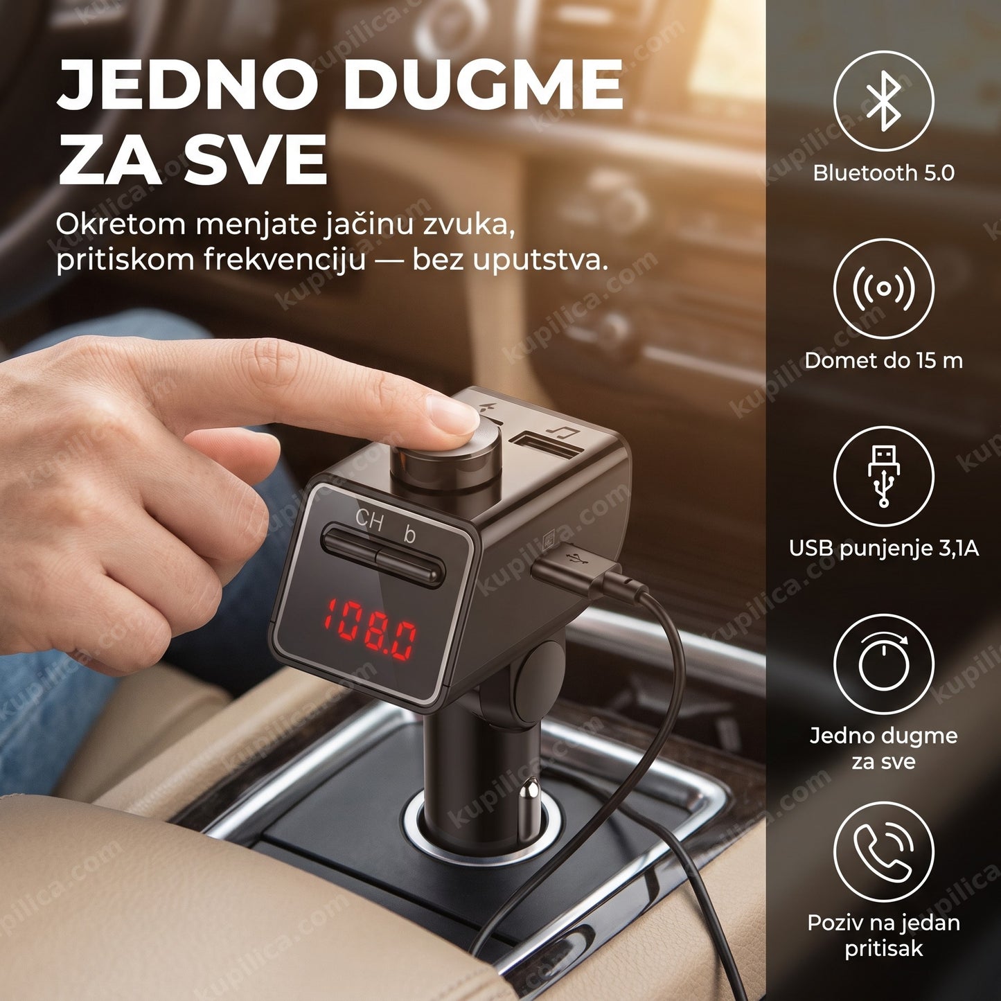 fm transmiter za auto q18s — vozač koristi fm transmiter sa jednim dugmetom u autu, bluetooth 5.0, jedno dugme za sve, domet do 15 m