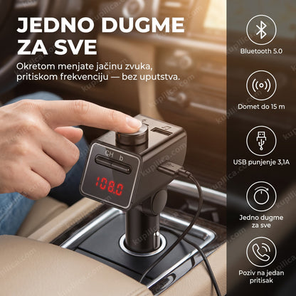 fm transmiter za auto q18s — vozač koristi fm transmiter sa jednim dugmetom u autu, bluetooth 5.0, jedno dugme za sve, domet do 15 m