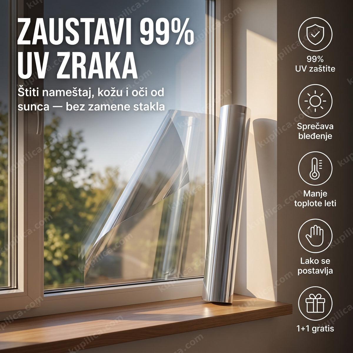 folija za staklo sa UV zaštitom — rolna folije na prozorskoj dasci pored nalepljenog ugla na staklu
