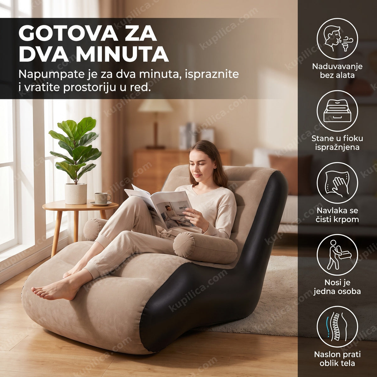 fotelja lenjivac na naduvavanje u dnevnoj sobi sa prikazom benefita proizvoda